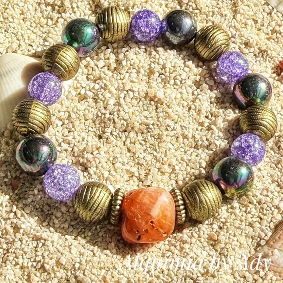 Alquimia Jewelry - BOHO VINTAGE Purple QUARTZ , Green & CARNELIAN Beaded Stretch Bracelet BRONZE